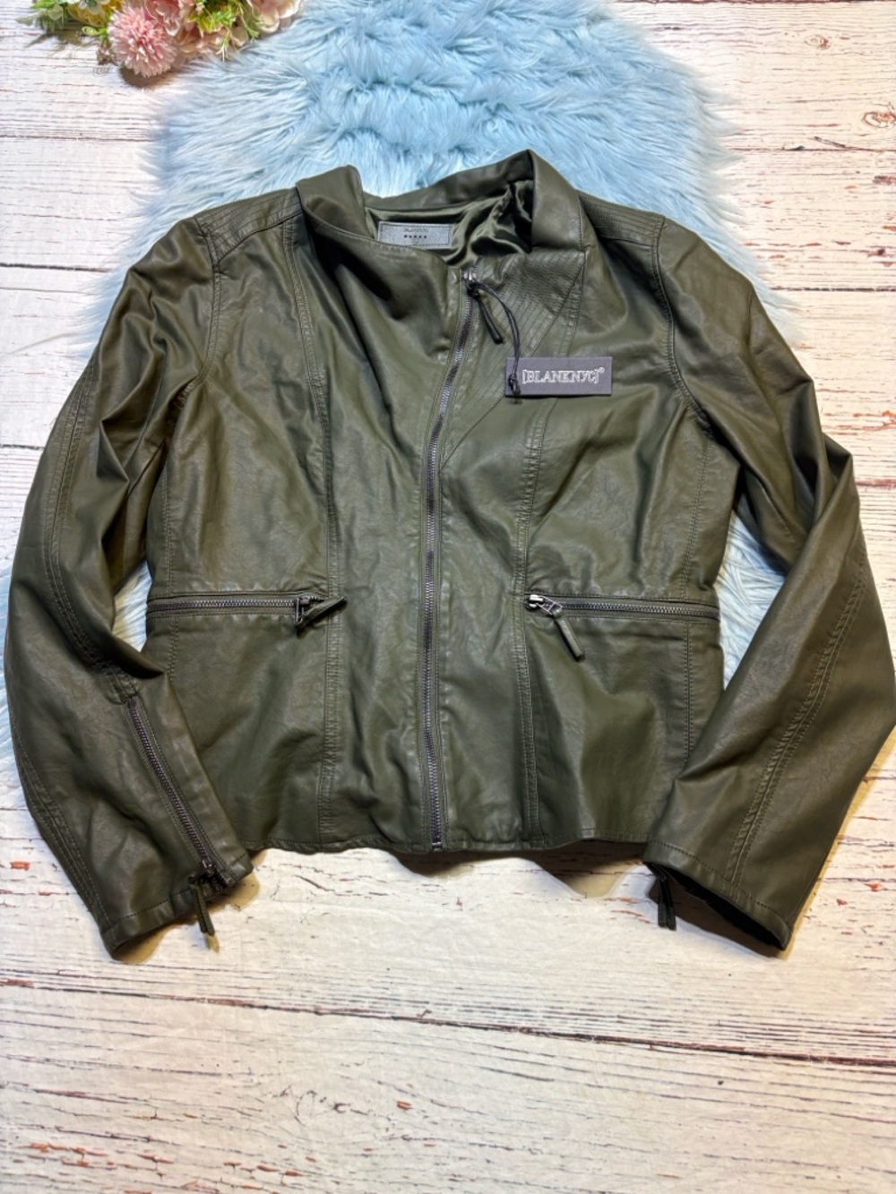 NWT Blank NYC Fitted Olive Green Faux Leather Moto Jacket sz XL